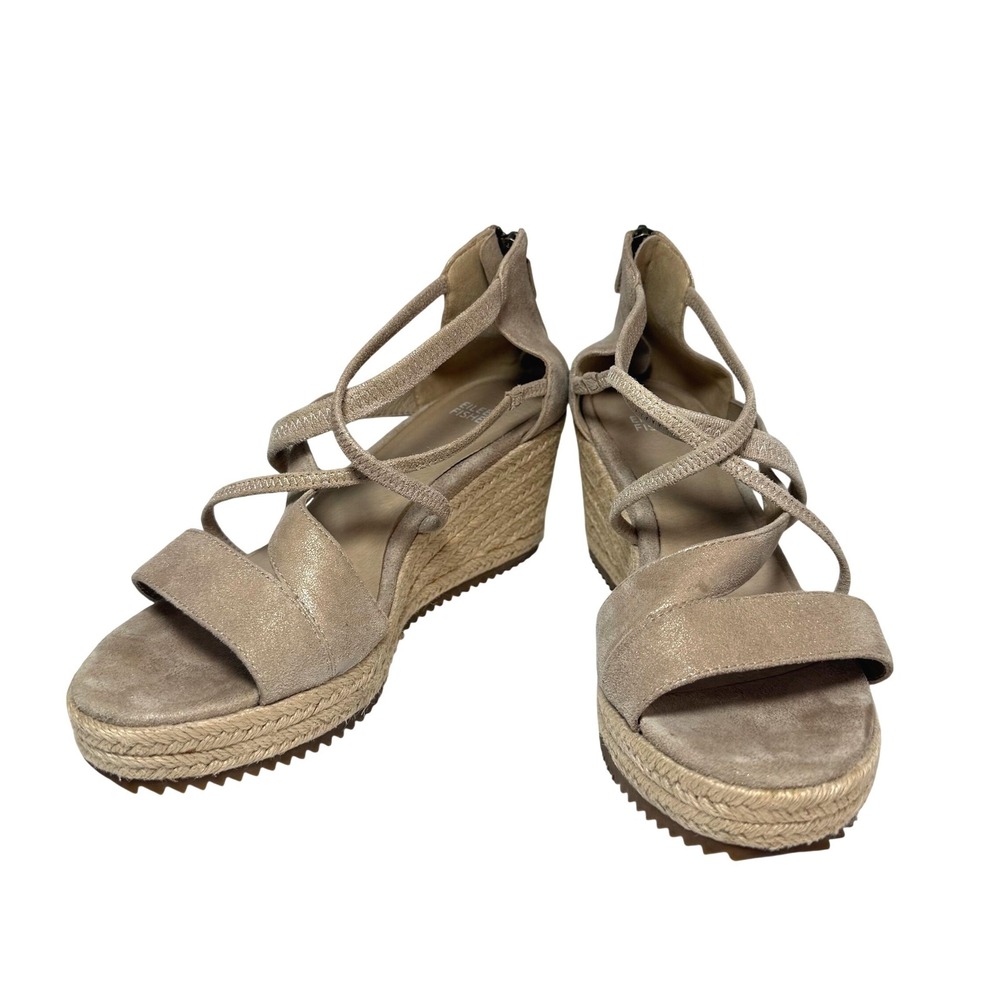 Eileen Fisher Wanda Espadrille Wedge Sandals Metallic Suede Size 9 Quiet Luxury